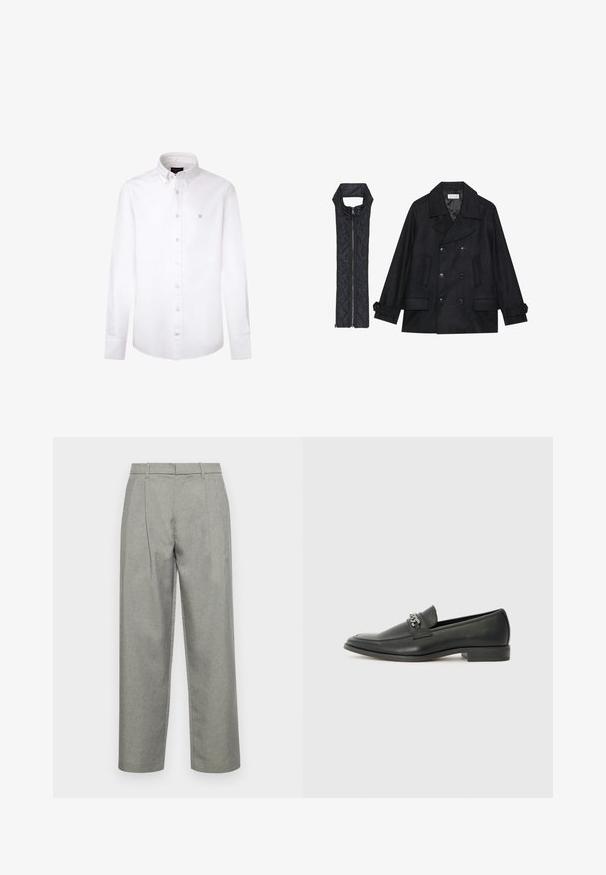 Cappotto di panno nero con bottoni doppi e colletto ampio, abbinato a un gilet senza maniche in tessuto trapuntato nero con chiusura a zip.; Camicia bianca a maniche lunghe in cotone. Presenta un classico colletto button-down, bottoni frontali e un piccolo logo blu sul lato sinistro del petto.; Pantaloni grigi su misura realizzati in tessuto testurizzato, con un design a gamba dritta, pieghe frontali e una vita standard con passanti per cintura.; Mocassino in pelle nera con finitura liscia, caratterizzato da un design cucito e da un accento decorativo in catena metallica sul vamp. Tacco piatto.