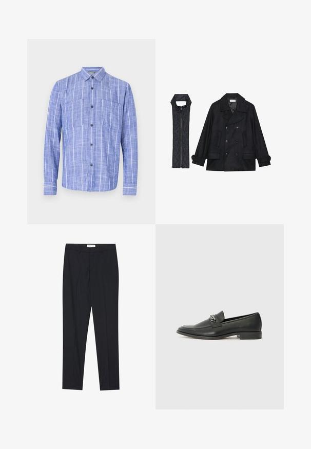 Casaco de lã preto com botões duplos e gola grande, combinado com um colete acolchoado preto sem mangas com fecho de correr.; Camisa de manga longa azul com riscas, feita de um tecido leve, com fecho à frente por botões, duas bolsas no peito e um design de colarinho clássico.; Calças pretas ajustadas com frente plana, corte regular, feitas de tecido suave, com pregas prensadas e bolsos laterais.; Sapatilha de couro preta com um acabamento suave, apresentando um design cosido e um detalhe decorativo de corrente de metal atravessando o peito do pé. Salto baixo.