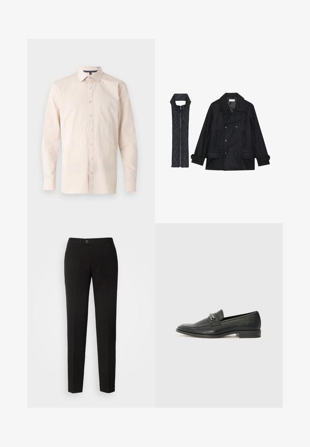 Schwarzer wollener Peacoat mit doppelt geknöpften Knöpfen und großem Kragen, kombiniert mit einer ärmellosen schwarzen gesteppte Weste mit Reißverschluss.; Helle beige Knopfleiste-Hemd, lange Ärmel, klassischer Kragen, glattes Gewebe, weiße Knöpfe, gemusterte Innenkragen-Details.; Schwarze gerade geschnittene Hose aus glattem Stoff mit einem Knopfverschluss und seitlichen Taschen im klassischen Design.; Schwarzer Lederloafer mit glatter Oberfläche, ausgestattet mit einer gesteppten Gestaltung und einem dekorativen Metallkettendetail über dem Vorderblatt. Flacher Absatz.
