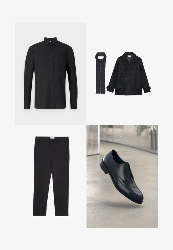 Čierny vlnený peacoat s dvojradovým zapínaním a veľkým golierom, skombinovaný s čiernou prešívanou vestou bez rukávov s rázporkom na zips.; Čierna košela s dlhým rukávom vyrobená z hladkého materiálu, s klasickým golierom, predným zapínaním na gombíky, nastaviteľnými manžetami a priliehavým strihom.; Čierne bavlnené nohavice so štíhlym strihom, vybavené dvoma bočnými vreckami a predným zapínaním na gombík. Textúrovaná tkanina s jemným detailovaním.; Lesklá čierna kožená obuv na šnurovanie, ktorá sa vznáša nad hladkým, svetlošedým podlahou a vertikálnymi kovovými tyčami v pozadí.