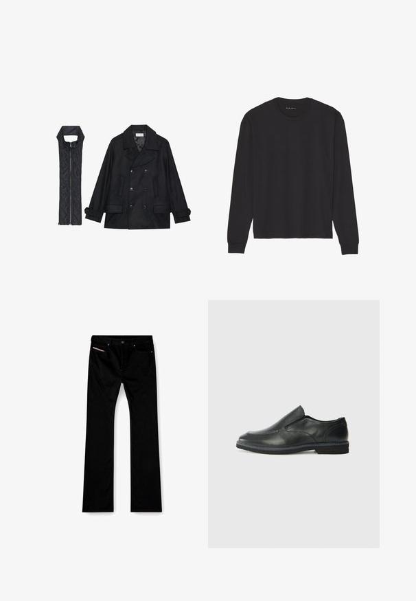 Musta villapaltto, jossa on kaksiriviset napit ja suuri kaulus, yhdistettynä olkaimettomaan mustaan toppaliiviin, joka avautuu vetoketjulla.; Mustapaitainen pitkähihaisettu t-paita, joka on valmistettu pehmeästä puuvillasta. Ominaisuuksiin kuuluu miehen kaula-aukko ja ribbauskahvat, rento istuvuus sekä ilman kuvioita tai grafiikoita.; Mustat suorat farkut etupainikkeella ja vetoketjulla, etu- ja takataskut, ja oikeassa etutaskussa näkyy valkoinen etiketti.; Musta nahkainen liukujalkine, jossa on sileä pinta, ommeltuja yksityiskohtia, pyöristetty kärki ja matala kumipohja. Pohjassa on minimaalinen pito.