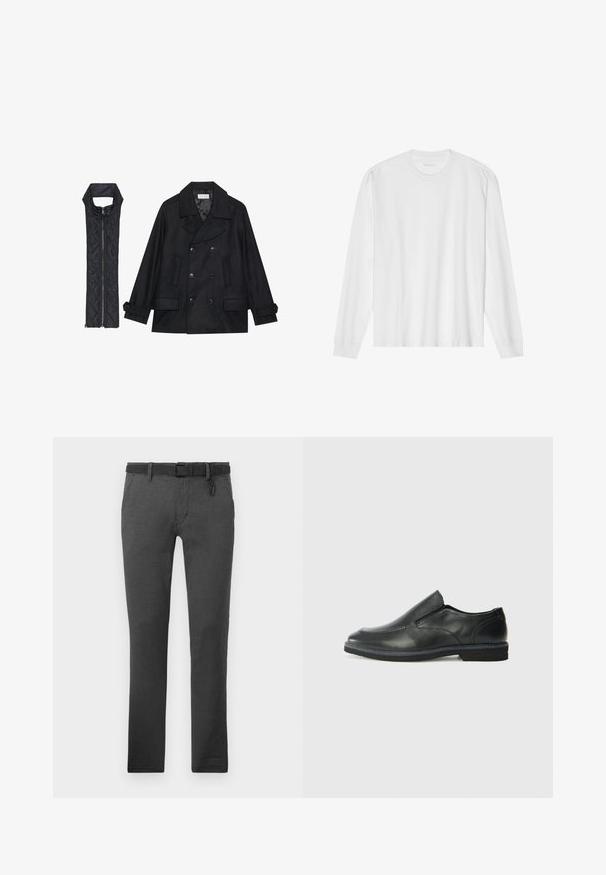 Svart ull peacoat med dubbelknäppta knappar och stor krage, kombinerad med en ärmlös svart vadderad väst med dragkedja.; Vit långärmad t-shirt i bomull med rundad hals och ribbade ärmslut. Enkelt, odekorerat mönster med slät yta och standard passform.; Mörkgrå byxor i texturerad tyg, med ett svart bälte, bälteshål och två sidofickor. Rak ben-design, inga synliga mönster.; Svart lädersko i slip-on-modell med en slät ovandel, sömnadsdetaljer, rund tå och låg gummihäl. Sulan har minimal mönstring.