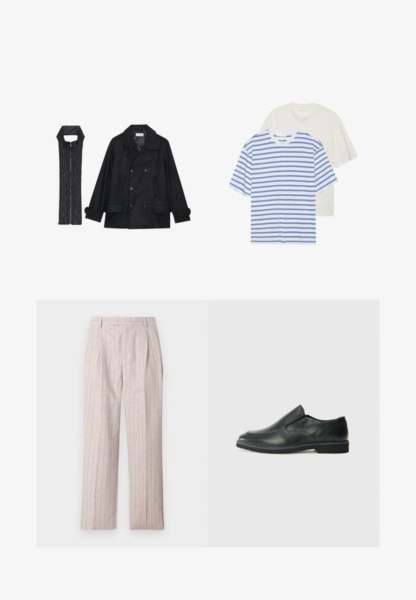 Casaco de lã preto com botões duplos e gola grande, combinado com um colete acolchoado preto sem mangas com fecho de correr.; Duas t-shirts de manga curta: uma branca com riscas azuis e uma em creme sólido claro. Material de algodão suave, design de gola redonda, ajuste confortável.; Calças de tom bege claro, de cintura alta, feitas de um tecido texturado. Apresentam riscas verticais, pregas na parte da frente e pernas largas.; Sapato slip-on preto em pele com um upper liso, acabamentos cosidos, bico arredondado e um salto de borracha baixo. A sola apresenta um padrão de aderência mínimo.