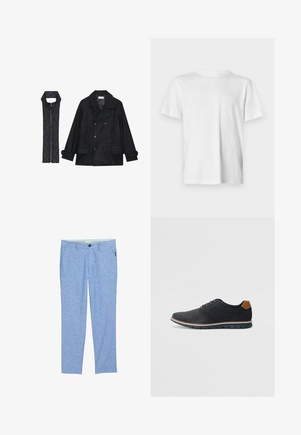 Juodas vilnonis pikoatė su dvigubais mygtukais ir dideliu apykakle, derinamas su juodu be rankovių pūkine liemene su užtrauktuku.; Balta trumpa rankovė T-shirt, pagaminta iš minkštos medvilnės, su apvalia iškirpte ir subtiliu reljefiniu logotipu kairėje krūtinės pusėje.; Šviesiai mėlyni tekstūruoti chinosai, pagaminti iš audinio su subtiliu heather raštu. Yra priekiniai kišenės, viena galinė kišenė ir mygtuko uždarymas.; Juodi sintetiniai batai su tekstūruotu paviršiumi, lygiomis detalėmis, ruda kulna ir kontrastingu padu. Yra minimalus raištelių užsidėjimas ir siuvimo detalės.