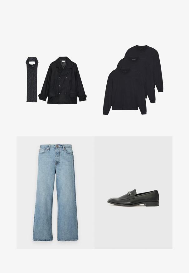 Fekete gyapjú peacoat dupla gombolással és nagy gallérral, melyet egy ujjatlan fekete steppelt mellénnyel párosítanak, amely cipzárral záródik.; Három fekete, hosszú ujjú, puha anyagból készült póló, kerek nyakkivágással és feszes mandzsettával. Minimalista dizájn, látható minták nélkül.; Világoskék, bő szabású farmernadrág, gombos záródással, enyhe kopással és hagyományos öt zsebes kialakítással.; Fekete bőr loaferek sima felülettel, varrott mintával és díszítő fém lánccal a cipő elején. Lapos sarok.