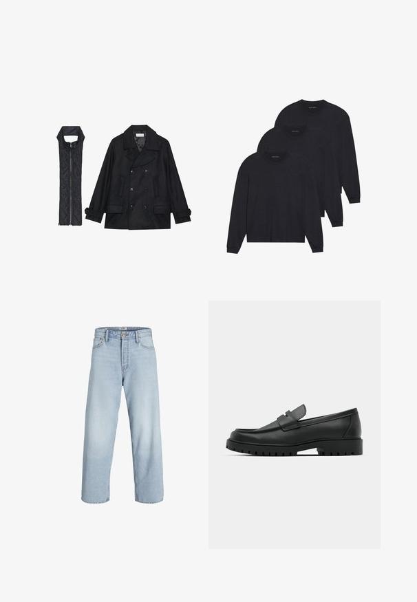 Zwarte wollen peacoat met dubbele knopen en grote kraag, gecombineerd met een mouwloze zwarte gewatteerde vest met ritssluiting.; Drie zwarte longsleeve shirts, gemaakt van zachte stof, met ronde hals en aangesloten manchetten. Minimalistisch ontwerp zonder zichtbare patronen.; Lichtblauwe denim jeans met een hoge taille, wijde pijpen en een rechte snit. Voorzien van een klassieke knoopsluiting en een ontwerp met vijf zakken.; Zwarte leren instappers met een ronde neus, voorzien van een gestikt ontwerp, een lage platformzool en een gestructureerde, grof rubberen buitenzool.