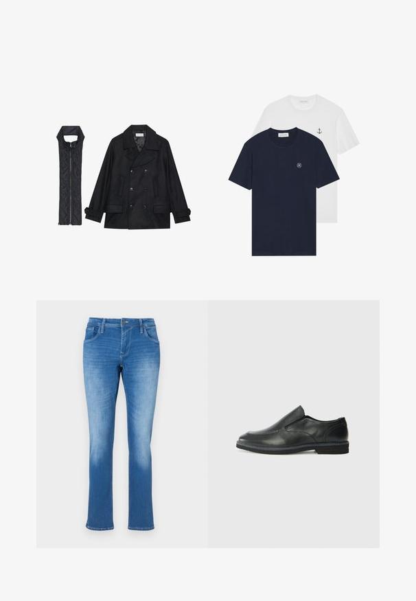 Svart ull peacoat med dubbelknäppta knappar och stor krage, kombinerad med en ärmlös svart vadderad väst med dragkedja.; Två t-shirts: en marinblå med en cirkulär logotyp, den andra vit med en liten ankor-design. Tillverkad av bomull, kortärmad.; Blå denimjeans med rak passform, som har fem fickor, dragkedja och kontrasterande sömmar. Tyget har en medelvask med blekning.; Svart lädersko i slip-on-modell med en slät ovandel, sömnadsdetaljer, rund tå och låg gummihäl. Sulan har minimal mönstring.