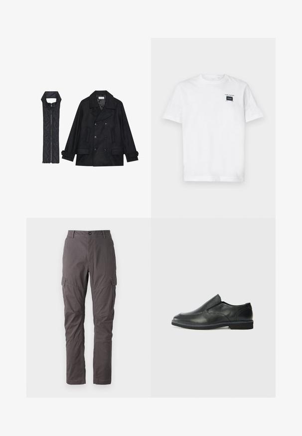 Manteau en laine noir à double boutonnage et grand col, associé à un gilet matelassé sans manches noir avec fermeture éclair.; T-shirt en coton blanc avec un col rond et des manches courtes. L'avant comporte une petite étiquette noire avec du texte et un design rectangulaire.; Pantalons cargo gris avec une coupe droite, dotés de plusieurs poches latérales et de coutures renforcées le long des jambes. Fabriqués en tissu durable.; Chaussure slip-on en cuir noir avec une tige lisse, des accents cousus, un bout arrondi et un petit talon en caoutchouc. La semelle présente un profil de traction minimal.