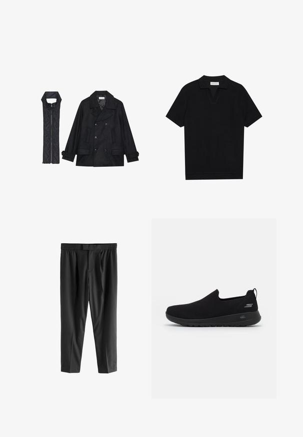 Črn volnen plašč z dvojnimi gumbi in velikim ovratnikom, v kombinaciji z brezrokavnikom iz črnega prešitega materiala z zadrgo.; Črna polo majica s kratkimi rokavi iz strukturirane rebraste tkanine, z V-izrezom in ravnim robom. Brez vidnih logotipov ali vzorcev.; Next REGULAR FIT -CHECK SMART - Hlače chino - black; Črne slip-on teniske z zračnim mrežastim zgornjim delom, okroglo špico in oblazinjenim gumijastim podplatom. Imajo logotip na strani.