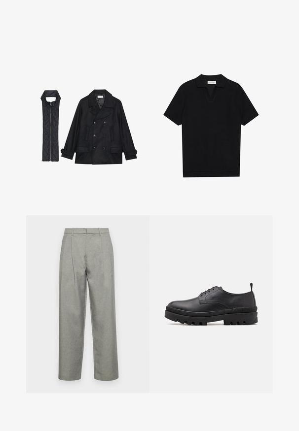 Manteau en laine noir à double boutonnage et grand col, associé à un gilet matelassé sans manches noir avec fermeture éclair.; Polo shirt noir à manches courtes avec un tissu texturé et côtelé, présentant un col en V et un ourlet droit. Pas de logos ni de motifs visibles.; Pantalons gris sur mesure en tissu texturé, avec une coupe droite, des plis avant et une taille standard avec passants de ceinture.; Chaussure en cuir noir avec un bout arrondi, un laçage et une semelle en caoutchouc épaisse. Possède une languette au talon et des accents texturés.