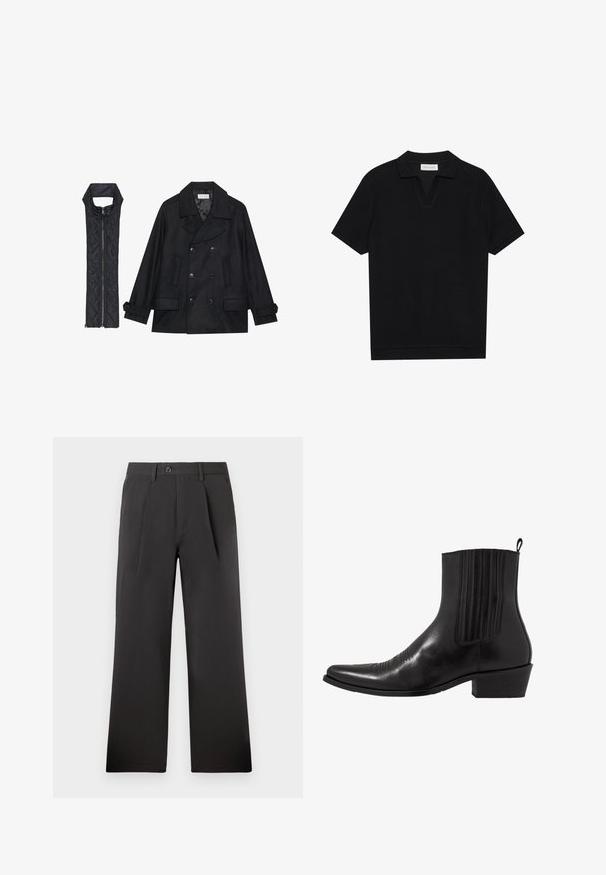 Juodas vilnonis pikoatė su dvigubais mygtukais ir dideliu apykakle, derinamas su juodu be rankovių pūkine liemene su užtrauktuku.; Juodas trumpas rankovėmis polo marškinėliai su tekstūruota, grioveliais audiniu, turi V formos iškirptę ir tiesų apačią. Nėra matomų logotipų ar raštų.; Juodi plisuoti kelnių su tiesiu kirpimu, pagaminti iš lygaus audinio. Yra sagos užsegimas ir diržo kilpos ant liemens.; Juodas odinis kulkšninis botas su smailiu pirštu, elastingomis šoninėmis dalimis, vertikaliu siuvinėjimu ir žemu stačiakampiu kulnu.