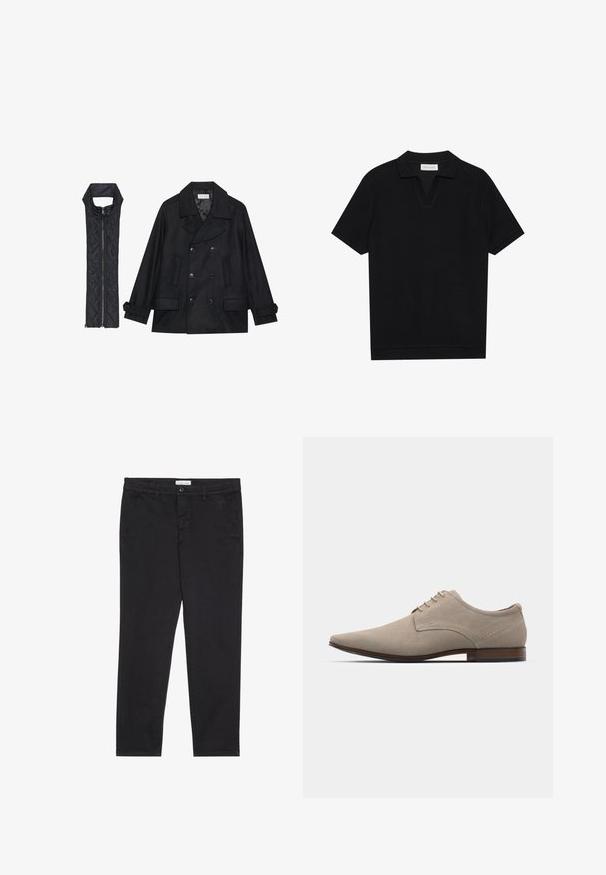 Manteau en laine noir à double boutonnage et grand col, associé à un gilet matelassé sans manches noir avec fermeture éclair.; Polo shirt noir à manches courtes avec un tissu texturé et côtelé, présentant un col en V et un ourlet droit. Pas de logos ni de motifs visibles.; Pantalon en coton noir à coupe slim, avec deux poches latérales et une fermeture à bouton à l'avant. Tissu texturé avec des détails subtils.; Chaussures beige à lacets en daim doux, dotées d'un bout pointu, de coutures minimales et d'un talon en bois. Texture lisse et design simple.
