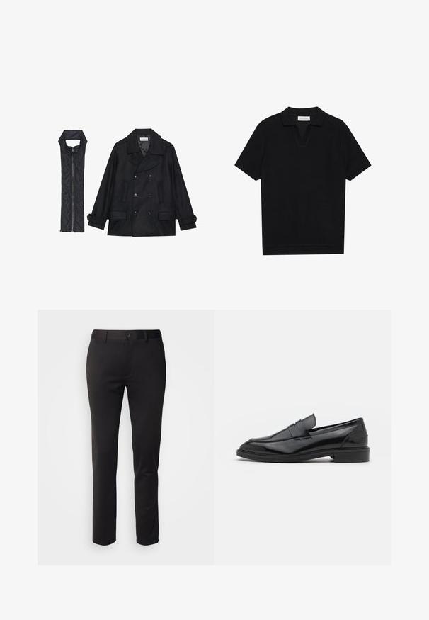 Crni vuneni kaput s dvostrukim kopčanjem i velikim ovratnikom, uparen s crnim bezrukavnim jaknom od mrežastog materijala sa zatvaračem na patent.; Crna polu-majica kratkih rukava s teksturiranim, rebrastim materijalom, s V-izrezom i ravnim rubom. Bez vidljivih logotipa ili uzoraka.; Crne hlače od glatke tkanine, s ravnim krojem, prednjim dugmetom za zatvaranje i petljama za remen, prikazane na bijeloj pozadini.; Crne kožne mokasine s glatkom površinom, s okruglim vrhom i uskim pojasom preko gornjeg dijela. Nizak slojeviti potplat.