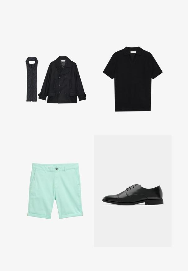 Černý vlněný kabát s dvojitými knoflíky a velkým límcem, doplněný bezrukávovou černou prošívanou vestou se zapínáním na zip.; Černé polo tričko s krátkým rukávem vyrobené z texturované pleteniny, které má lodičkový výstřih a rovný lem. Žádné viditelné logo ani vzory.; Světle tyrkysové šortky vyrobené z lehkého materiálu, s knoflíkovým zapínáním, dvěma předními kapsami a ohrnutými manžetami pro uvolněný střih.; Černé kožené společenské boty s kulatou špičkou, šněrováním, jemnými švy a nízkým podpatkem. Hladký povrch s lesklým finišem.