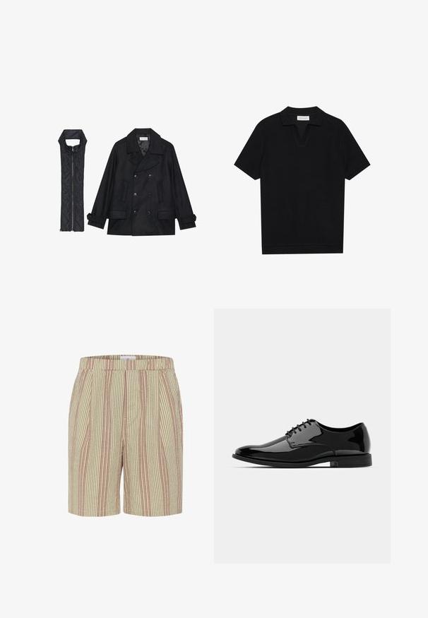Manteau en laine noir à double boutonnage et grand col, associé à un gilet matelassé sans manches noir avec fermeture éclair.; Polo shirt noir à manches courtes avec un tissu texturé et côtelé, présentant un col en V et un ourlet droit. Pas de logos ni de motifs visibles.; Shorts rayés en beige et rose clair, avec un tissu texturé, une taille élastique et des poches latérales. Longueur mi-cuisse.; Chaussure de dress en cuir verni noir avec un bout arrondi, un design à lacets et une surface lisse et brillante. Dispose d'une semelle en caoutchouc discrète.