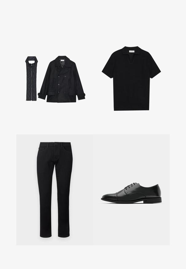 Manteau en laine noir à double boutonnage et grand col, associé à un gilet matelassé sans manches noir avec fermeture éclair.; Polo shirt noir à manches courtes avec un tissu texturé et côtelé, présentant un col en V et un ourlet droit. Pas de logos ni de motifs visibles.; TOM TAILOR TTJOSH Regular - Jean slim - black denim; Chaussure habillée noire en cuir avec un bout rond, un laçage, des détails de couture subtils et un petit talon. Texture lisse avec une finition polie.