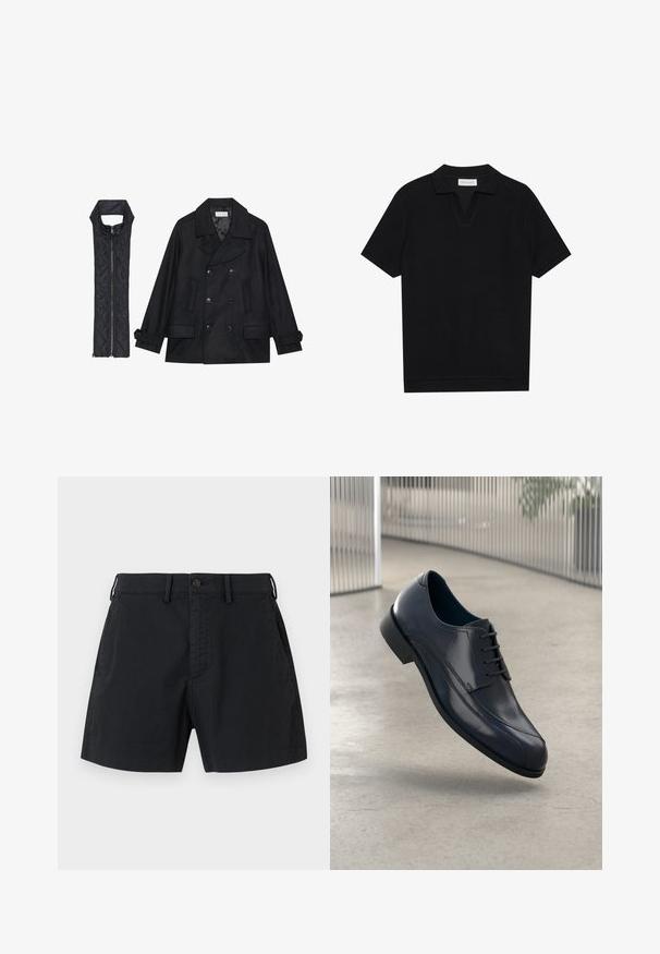 Musta villapaltto, jossa on kaksiriviset napit ja suuri kaulus, yhdistettynä olkaimettomaan mustaan toppaliiviin, joka avautuu vetoketjulla.; Mustan lyhythihainen polo-paita, jossa on teksturoitu, ribattua kangasta, v-pääntie ja suora helma. Ei näkyviä logoja tai kuvioita.; Mustat puuvillashortsit, joissa on napillinen vyötärö, sivutaskut ja suora leikkaus. Liukas pinta, jossa on minimalistinen estetiikka.; Kiiltävä musta nahkakengät nauhoilla, leijuu tasaisella vaaleanharmaalla lattialla ja taustalla on pystysuorat metalliputket.