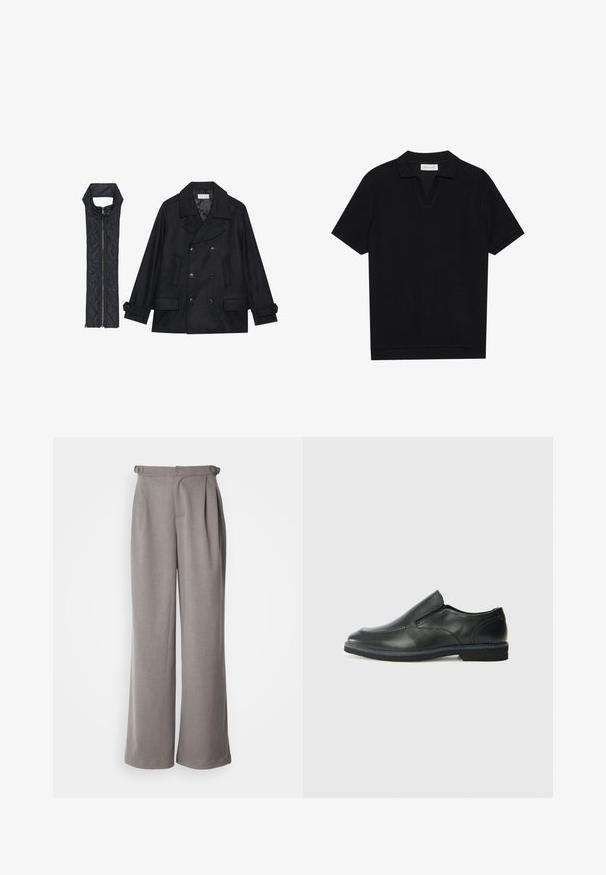 Schwarzer wollener Peacoat mit doppelt geknöpften Knöpfen und großem Kragen, kombiniert mit einer ärmellosen schwarzen gesteppte Weste mit Reißverschluss.; Schwarzes Kurzarm-Polohemd aus texturiertem, geripptem Stoff, mit einem V-Ausschnitt und geradem Saum. Keine sichtbaren Logos oder Muster.; Hellgraue, weite Hosen aus gewebtem Stoff. Mit Falten an der Taille und Gürtelschlaufen. Glatte Textur und langes Design.; Schwarze Leder-Slipper mit glattem Obermaterial, gesteppten Akzenten, runder Zehenpartie und niedrigem Gummiabsatz. Die Sohle hat ein minimales Profil.