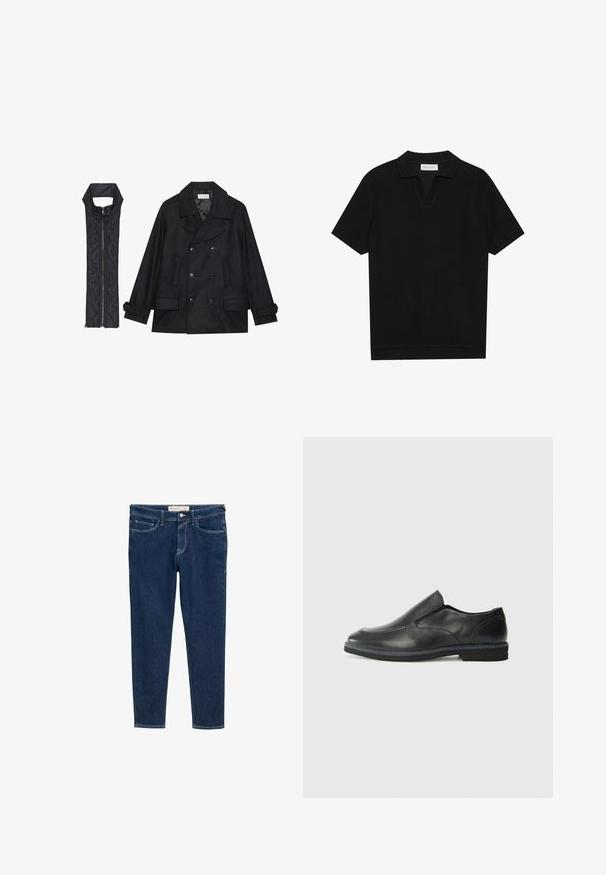 Crni vuneni kaput s dvostrukim kopčanjem i velikim ovratnikom, uparen s crnim bezrukavnim jaknom od mrežastog materijala sa zatvaračem na patent.; Crna polu-majica kratkih rukava s teksturiranim, rebrastim materijalom, s V-izrezom i ravnim rubom. Bez vidljivih logotipa ili uzoraka.; Tamno plave traperice slim kroja. Imaju pet džepova, petlje za pojas i čvrsti patent zatvarač s metalnim dugmetom.; Crne kožne cipele na sklapanje s glatkom gornjom površinom, prošivenim detaljima, zaobljenim vrhom i niskim gumene potplate. Potplat ima minimalne uzorke.