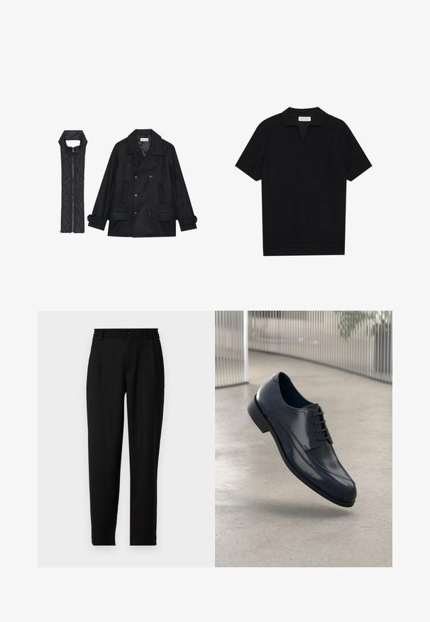 Mustast villast peacoat, millel on topelt nööbid ja suur krae, koos musta ilma varrukateta tikkimisega vestiga, millel on lukuga sulgemine.; Must päikesepolo särk mustas värvitoonis, valmistatud tekstuurses ribakangas, millel on V-kaelus ja sirge äär. Ilma nähtavate logode või mustriteta.; Mustad sirgedega mustad püksid, millel on elastne vöökoht tagant ja esine kinnitamine nupuga. Valmistatud siledast kangast.; Läike must nahkne king, millel on paelad, hõljuv siledate heledate halli põranda kohal ning taustal vertikaalsed metallist vardad.