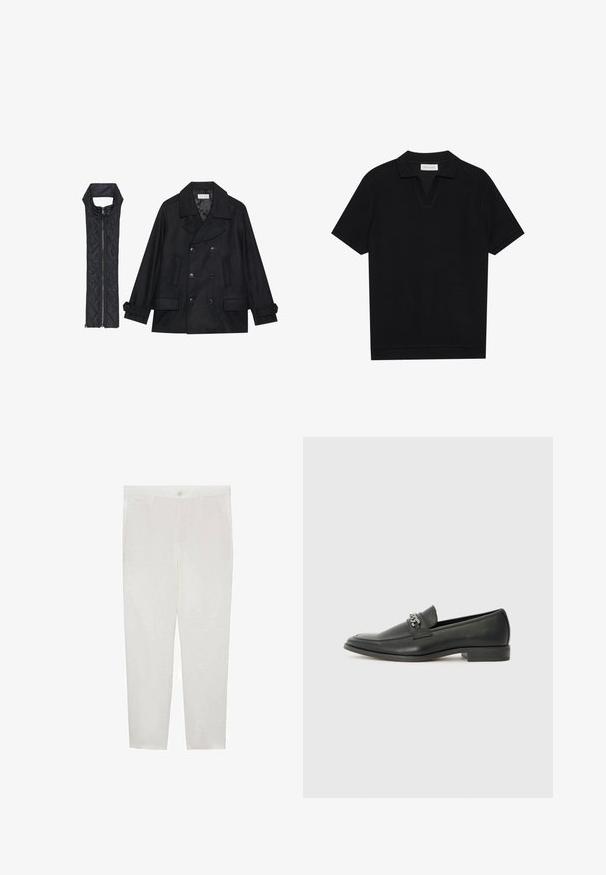 Zwarte wollen peacoat met dubbele knopen en grote kraag, gecombineerd met een mouwloze zwarte gewatteerde vest met ritssluiting.; Zwarte polo met korte mouwen van een gestructureerde, ribbelstof, met een V-hals en een rechte zoom. Geen zichtbare logo's of patronen.; Mango Chino - white; Zwarte leren instapper met een gladde afwerking, voorzien van een gestikt ontwerp en een decoratieve metalen kettingaccent over de wreef. Platte hak.