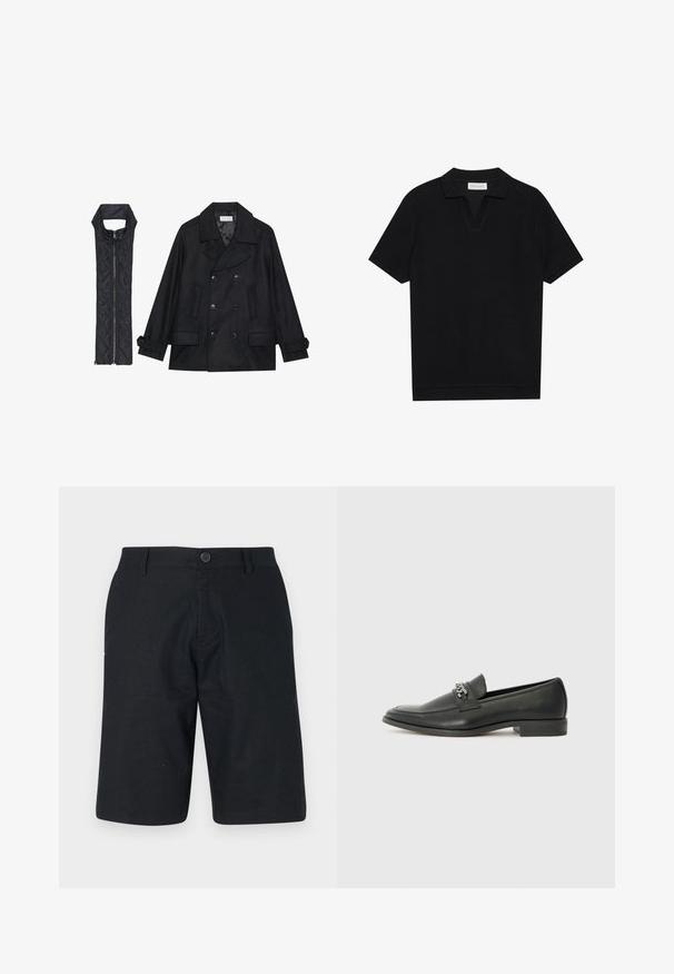 Juodas vilnonis pikoatė su dvigubais mygtukais ir dideliu apykakle, derinamas su juodu be rankovių pūkine liemene su užtrauktuku.; Juodas trumpas rankovėmis polo marškinėliai su tekstūruota, grioveliais audiniu, turi V formos iškirptę ir tiesų apačią. Nėra matomų logotipų ar raštų.; Juodi šortai, pagaminti iš lengvos medžiagos, su tiesiu siluetu, vienos sagos uždarymu ir švariu hemu be matomų raštų.; Juodos odinės loafer tipo bateliai su lygiu paviršiumi, turintys siuvinėtą dizainą ir dekoratyvų metalo grandinėlės akcentą ant batų viršaus. Plokščias kulnas.