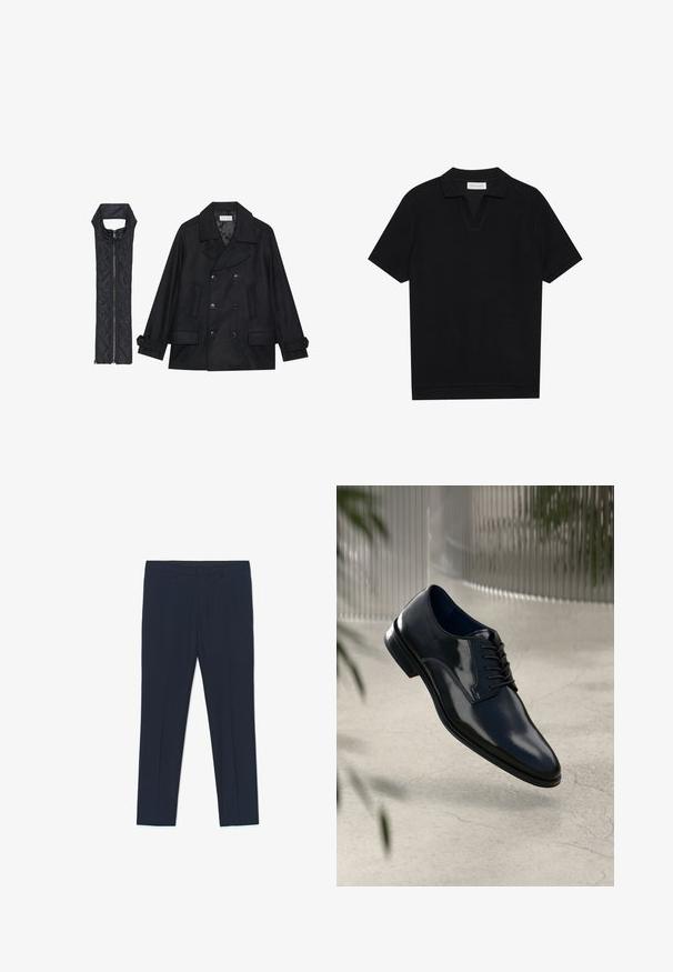 Crni vuneni kaput s dvostrukim kopčanjem i velikim ovratnikom, uparen s crnim bezrukavnim jaknom od mrežastog materijala sa zatvaračem na patent.; Crna polu-majica kratkih rukava s teksturiranim, rebrastim materijalom, s V-izrezom i ravnim rubom. Bez vidljivih logotipa ili uzoraka.; Formalne mornarsko plave hlače s krojenim dizajnom, glatkom teksturom i dva prednja džepa, s čistim linijama i ravnim krojem.; Tamno plave kožne cipele s elegantnim sjajem, dizajnom na vezanje, blago zakrivljenim prstom i glatkom teksturom.