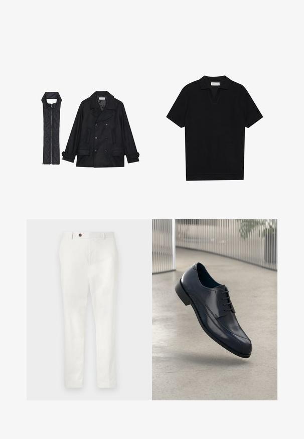 Svart ull peacoat med dubbelknäppta knappar och stor krage, kombinerad med en ärmlös svart vadderad väst med dragkedja.; Svart kortärmad polo t-shirt i en texturerad, ribbad tyg, med en v-ringning och rak fåll. Inga synliga logotyper eller mönster.; Vita byxor i lätt tyg med rak bendesign, en ensam brun knapp i midjan och minimalistisk stil.; Glansig svart läderklädd sko med snörning, svävande över ett slätt, ljusgrått golv och vertikala metallstänger i bakgrunden.