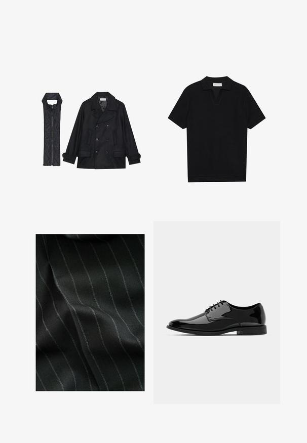 Mustast villast peacoat, millel on topelt nööbid ja suur krae, koos musta ilma varrukateta tikkimisega vestiga, millel on lukuga sulgemine.; Must päikesepolo särk mustas värvitoonis, valmistatud tekstuurses ribakangas, millel on V-kaelus ja sirge äär. Ilma nähtavate logode või mustriteta.; Mustmustriidi must kangas, millel on kalasabatähe muster ja peened valged triibud. Tekstuur näeb välja sile, millel on kudumise tõttu õrn sügavus.; Mustan läikiva nahast kleitking, millel on ümar varvas, nööridega disain ja sile, läikiv pind. Omab madalat kummitalda.