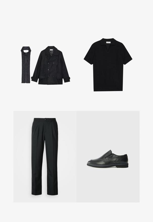 Fekete gyapjú peacoat dupla gombolással és nagy gallérral, melyet egy ujjatlan fekete steppelt mellénnyel párosítanak, amely cipzárral záródik.; Fekete, rövid ujjú pólóing texturált, bordázott anyagból, v-nyakkivágással és egyenes aljjal. Nincsenek látható logók vagy minták.; Fekete, pliszírozott dressz nadrág sima textúrával, egyenes szabású, elöl egy gombos záródással. Klasszikus, szabott kialakítással rendelkezik.; Fekete bőr, slip-on cipő sima felsőrésszel, varrott díszítéssel, lekerekített orral és alacsony gumitalppal. A talpa minimális bordázattal rendelkezik.