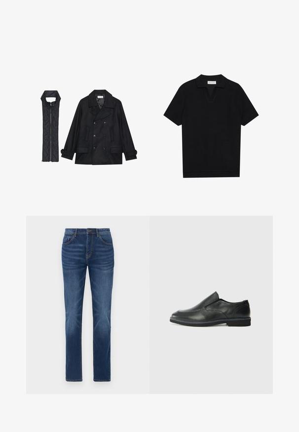 Svart ull peacoat med dubbelknäppta knappar och stor krage, kombinerad med en ärmlös svart vadderad väst med dragkedja.; Svart kortärmad polo t-shirt i en texturerad, ribbad tyg, med en v-ringning och rak fåll. Inga synliga logotyper eller mönster.; Mörkblå denimjeans med en klassisk rak skärning, femficksdesign och svag blekningseffekt på benen. Har knapp- och dragkedjestängning.; Svart lädersko i slip-on-modell med en slät ovandel, sömnadsdetaljer, rund tå och låg gummihäl. Sulan har minimal mönstring.