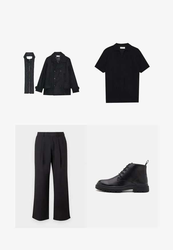 Μαύρο μάλλινο παλτό με διπλό κούμπωμα και μεγάλο γιακά, συνδυασμένο με ένα αμάνικο μαύρο καπιτονέ γιλέκο που διαθέτει φερμουάρ.; Μαύρο κοντομάνικο polo με υφή από ριμπ ύφασμα, διαθέτοντας V-λαιμό και ευθεία ραφή. Χωρίς ορατά λογότυπα ή σχέδια.; Μαύρο παντελόνι με φαρδιά πόδια, κατασκευασμένο από λείο ύφασμα, με πτυχές μπροστά, κλείσιμο με κουμπί και πλαϊνές τσέπες.; Μαύρες δερμάτινες μπότες αστραγάλου με κορδόνια, υφασμάτινη σόλα και χερούλι. Στρογγυλή μύτη και ανθεκτική, αντιολισθητική καουτσούκ σόλα.