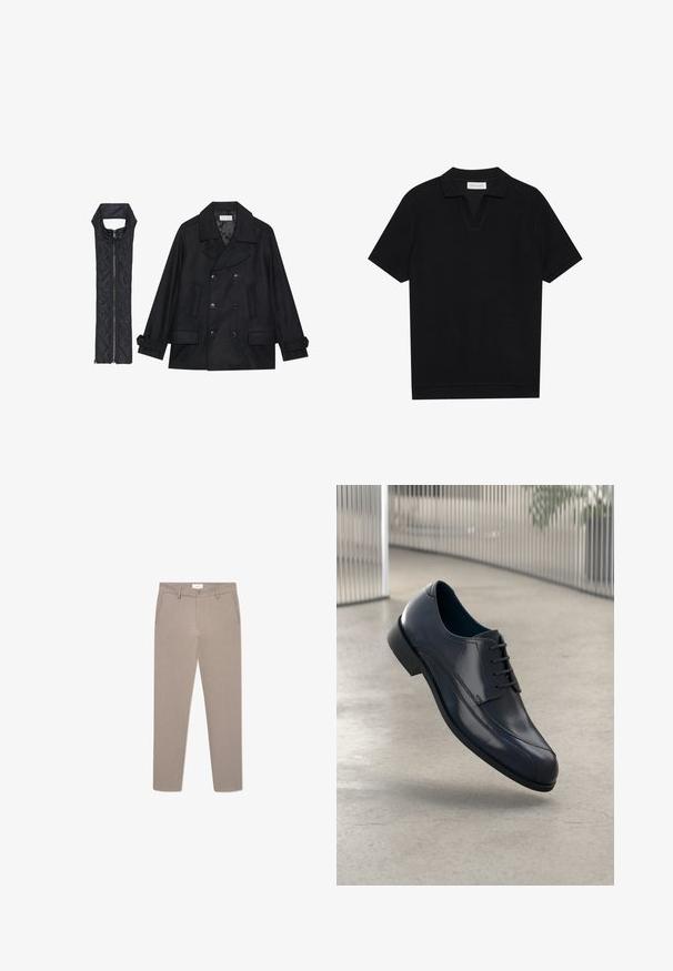 Čierny vlnený peacoat s dvojradovým zapínaním a veľkým golierom, skombinovaný s čiernou prešívanou vestou bez rukávov s rázporkom na zips.; Čierna polo tričko s krátkymi rukávmi, vyrobené z textúrovaného, rebrovaného materiálu, s véčkovým výstrihom a rovnými okrajmi. Bez viditeľných log a vzorov.; Bežové elegantné nohavice so slim fit strihom, s pánskym zipsom, prednými vreckami a jemným textúrovaným vzorom. Vyrobené z ľahkej tkaniny.; Lesklá čierna kožená obuv na šnurovanie, ktorá sa vznáša nad hladkým, svetlošedým podlahou a vertikálnymi kovovými tyčami v pozadí.