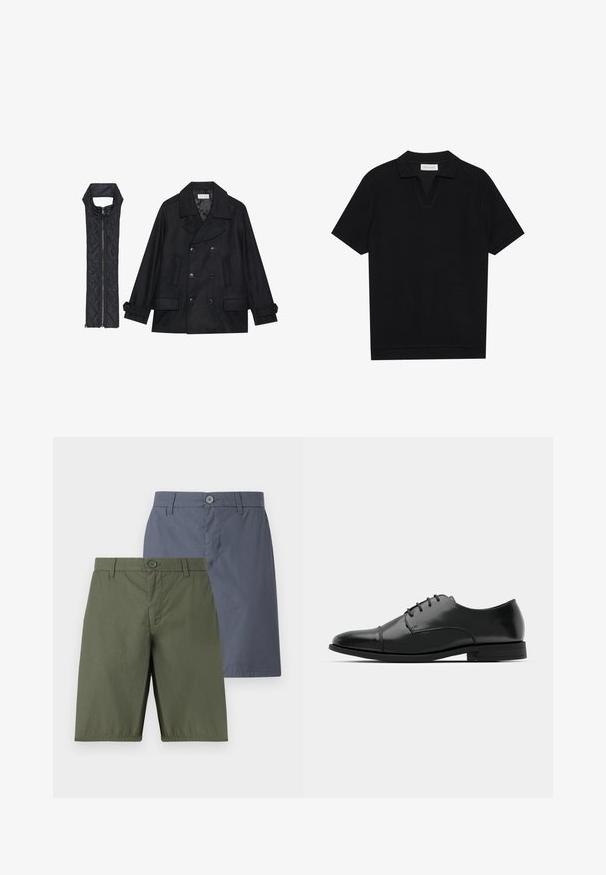 Abrigo de lana negra con botones de doble fila y gran cuello, combinado con un chaleco negro acolchado sin mangas con cierre de cremallera.; Polo de manga corta negro con tejido texturizado y acanalado, con escote en forma de V y dobladillo recto. Sin logos ni patrones visibles.; Dos pares de pantalones cortos: uno verde oliva y otro azul marino. Ambos cuentan con un cierre de botón, corte recto y un tejido suave con un ligero brillo.; Zapato de vestir de cuero negro con punta redondeada, diseño con cordones, detalles de costura sutiles y un tacón bajo. Textura suave con acabado pulido.