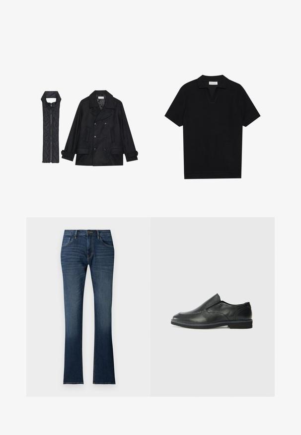 Casaco de lã preto com botões duplos e gola grande, combinado com um colete acolchoado preto sem mangas com fecho de correr.; Polo preto de manga curta com tecido texturizado e canelado, apresentando um decote em V e uma bainha reta. Sem logótipos ou padrões visíveis.; Jeans de denim azul-escuro com uma ligeira largura na parte inferior, cintura estruturada, cinco bolsos e um desbotamento subtil perto da bainha.; Sapato slip-on preto em pele com um upper liso, acabamentos cosidos, bico arredondado e um salto de borracha baixo. A sola apresenta um padrão de aderência mínimo.