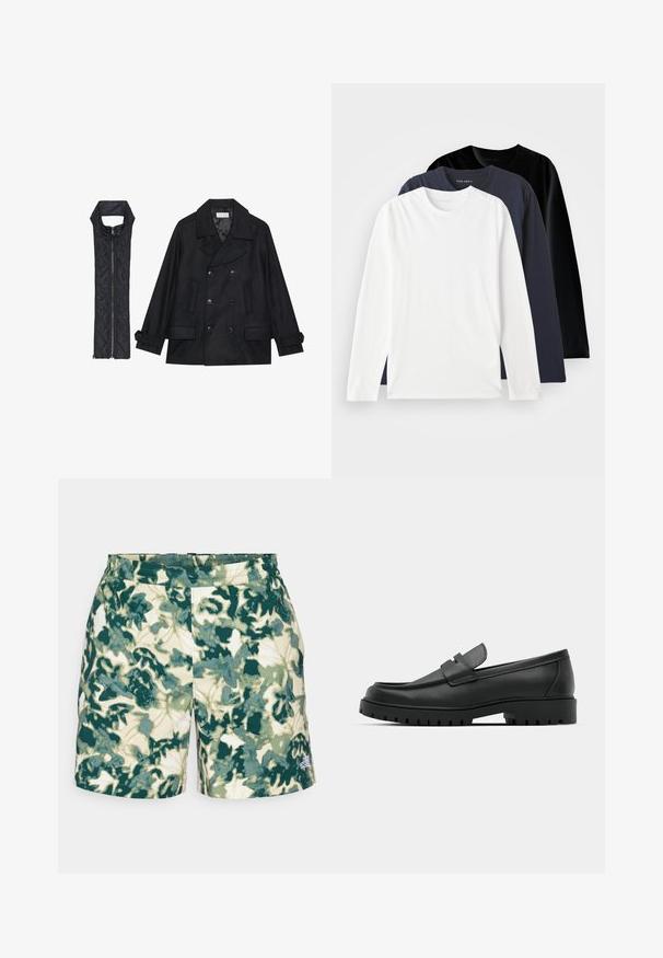 Μαύρο μάλλινο παλτό με διπλό κούμπωμα και μεγάλο γιακά, συνδυασμένο με ένα αμάνικο μαύρο καπιτονέ γιλέκο που διαθέτει φερμουάρ.; Τρία μακρυμάνικα T-shirts τοποθετημένα το ένα πάνω στο άλλο: ένα λευκό, ένα σκούρο ναυτικό και ένα μαύρο. Φτιαγμένα από λεία βαμβακερή ύφασμα, με στρογγυλές λαιμόκοψεις και πλαινές σχισμές.; Σορτς με πράσινο λουλουδένιο σχέδιο σε κρεμ φόντο, με ελαστική μέση και ένα μικρό λογότυπο στη κάτω δεξιά πλευρά.; Μαύρα δερμάτινα λουστρίνια με στρογγυλή μύτη, που διαθέτουν ραμμένο σχέδιο, χαμηλή πλατφόρμα και υφή με λαστιχένια σόλα με προεξοχές.