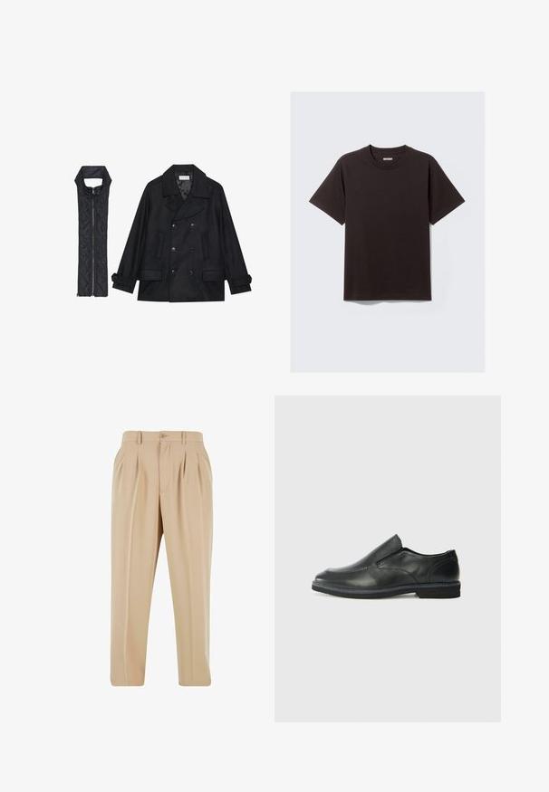 Juodas vilnonis pikoatė su dvigubais mygtukais ir dideliu apykakle, derinamas su juodu be rankovių pūkine liemene su užtrauktuku.; Viena spalva juoda trumpomis rankovėmis medvilninė marškinėliai su apvaliu kaklu ir mažas etiketė "WEEKDAY" nugaros kaklo viduje.; Smėlio spalvos permatomos kelnės su tiesiomis kojomis, pagamintos iš lygaus audinio, su sagos uždarymu ir diržo kilpomis liemens srityje.; Juodai odiniai įtvirtinimo batai su lygiu paviršiumi, siuvinėjimo akcentais, apvalia nosimi ir žemu guminiu kulnu. Pado raštas minimalus.