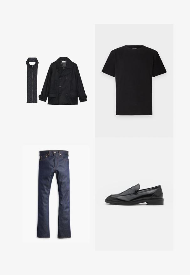 Čierny vlnený peacoat s dvojradovým zapínaním a veľkým golierom, skombinovaný s čiernou prešívanou vestou bez rukávov s rázporkom na zips.; Čierne tričko s krátkym rukávom z mäkkej bavlny, s okrúhlym výstrihom a rovnakým strihom bez viditeľných vzorov alebo akcentov.; Tmavomodré džínsy s rovnou nohavicou, s oranžovým prešitím, piatimi vreckami a gombíkovým zapínaním. Hladká textúra a odolná tkanina.; Čierne kožené loaferky s hladkým povrchom, s okrúhlou špičkou a úzkym pásom cez vrch. Nízky vrstvený podpätok.