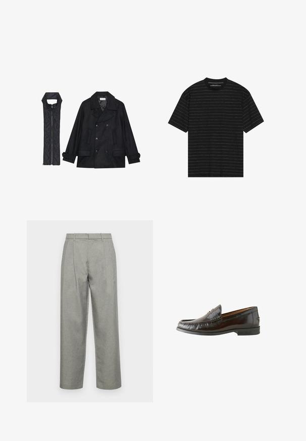 Mustast villast peacoat, millel on topelt nööbid ja suur krae, koos musta ilma varrukateta tikkimisega vestiga, millel on lukuga sulgemine.; Must have lühikeste varrukatega must t-särk, millel on õhukesed valged horisontaalsed triibud. Valmistatud pehmest kangast, ümar kaelus ja mugav lõige.; Hallitatud hallid püksid, mis on valmistatud tekstuuriga kangast, sirge jala disainiga, ees pleekidega ning tavalise vöökohtadega, kus on vöökohad.; Pruunist nahast loafersid, millel on siledat viimistlust, tikitud detailid, madal konts ja ümar varvas. Tald on mustast kummist, et tagada haardumus.