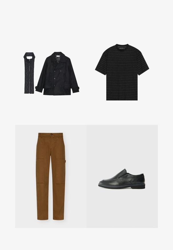 Mustast villast peacoat, millel on topelt nööbid ja suur krae, koos musta ilma varrukateta tikkimisega vestiga, millel on lukuga sulgemine.; Must have lühikeste varrukatega must t-särk, millel on õhukesed valged horisontaalsed triibud. Valmistatud pehmest kangast, ümar kaelus ja mugav lõige.; Pruunid cargo püksid, mis on valmistatud vastupidavast kangast, sirge säärega, kahte suurt küljetaskut ja nööpkinnitust vöökoha juures.; Must musta laia suuga king, millel on sile ülemine osa, õmmeldud detailid, ümmargune nina ja madal kummist konts. Tallal on minimaalne mustr.