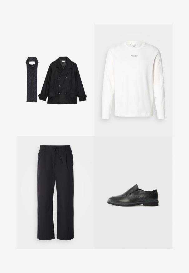 Musta villapaltto, jossa on kaksiriviset napit ja suuri kaulus, yhdistettynä olkaimettomaan mustaan toppaliiviin, joka avautuu vetoketjulla.; Pitkähihainen valkoinen puuvillapaita. Ominaisuudet: pyöreä pääntie ja pieni musta logoteksti keskitettynä rinnassa. Pehmeä rakenne, rento muotoilu.; Löysät housut teksturoidusta mustasta kankaasta, jossa on narukiristysvyötärö, kahdella etutaskulla ja suoralla leikkauksella.; Musta nahkainen liukujalkine, jossa on sileä pinta, ommeltuja yksityiskohtia, pyöristetty kärki ja matala kumipohja. Pohjassa on minimaalinen pito.