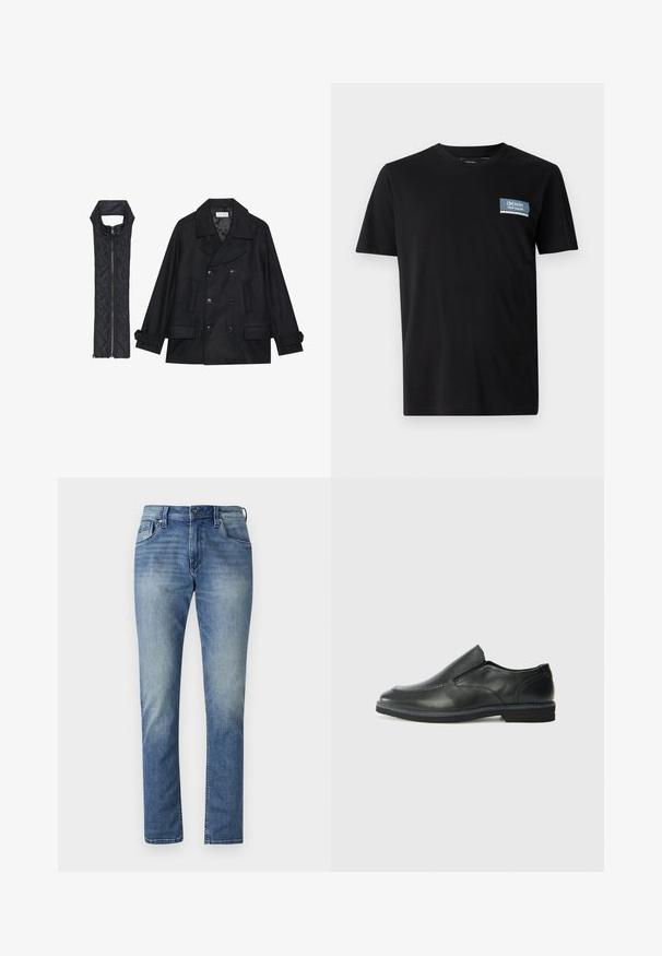 Črn volnen plašč z dvojnimi gumbi in velikim ovratnikom, v kombinaciji z brezrokavnikom iz črnega prešitega materiala z zadrgo.; Črna majica s kratkimi rokavi, izdelana iz mehkega blaga, z modrim pravokotnim križem z napisom "DENIM TOM TAILOR" na levi strani prsnega koša.; Svijetloplave traperice ravnog kroja, s pet džepova i izblijedjelim pranjem. Imaju kopčanje na gumb i petlje za remen.; Črne usnjene natikače z gladkim zgornjim delom, prišitimi detajli, zaobljenim nosom in nizkim gumijastim petkom. Podplat ima minimalen profil.