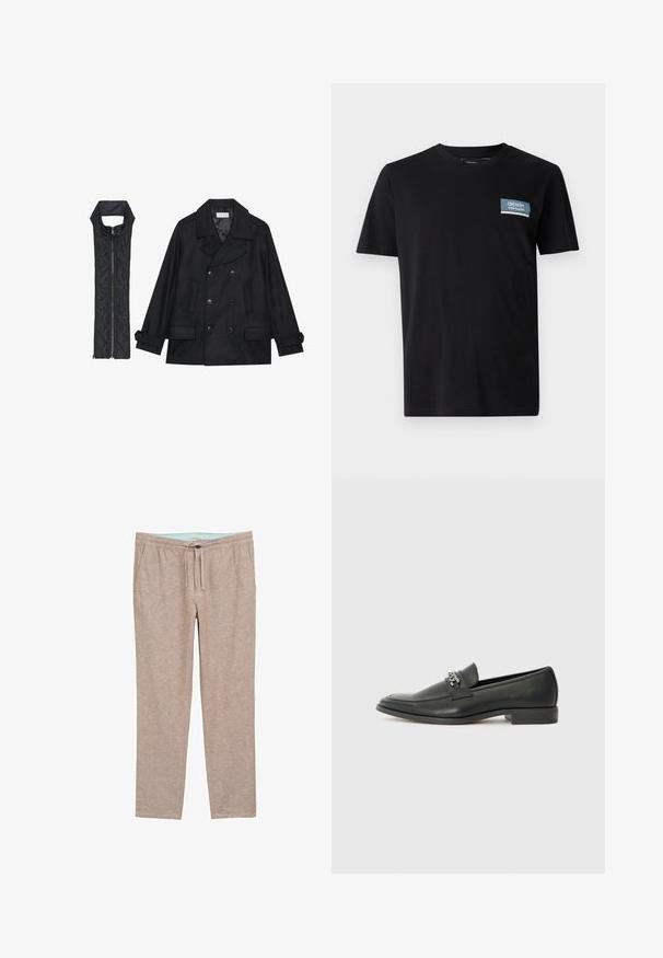 Black woolen peacoat with double-breasted buttons and large collar, paired with a sleeveless black quilted vest featuring a zip closure.; Black short-sleeve t-shirt made from soft fabric, featuring a blue rectangular patch with the text "DENIM TOM TAILOR" on the left chest.; Light brown, soft-textured pants with a relaxed fit, featuring an elastic waistband and drawstring for adjustable comfort.; Black leather loafer with a smooth finish, featuring a stitched design and a decorative metal chain accent across the vamp. Flat heel.