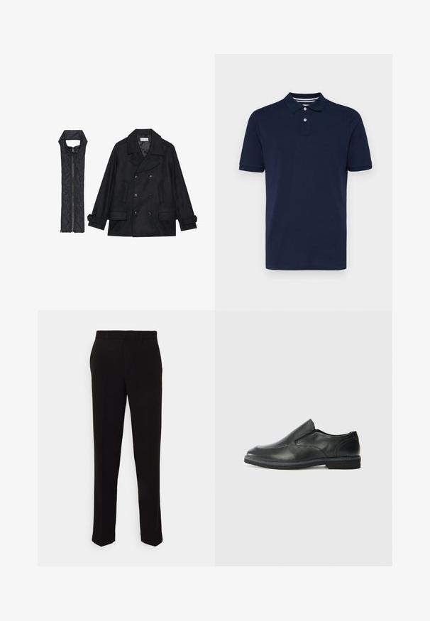 Fekete gyapjú peacoat dupla gombolással és nagy gallérral, melyet egy ujjatlan fekete steppelt mellénnyel párosítanak, amely cipzárral záródik.; Tengerészkék, rövid ujjú pólóing, amely pamutból készült. Hátul galléros nyakkivágással rendelkezik három gombbal, és diszkrét horizontális csíkok díszítik a gallérját.; Fekete, egyenes szárú, szabott nadrág, sima textúrával és látható díszítés nélkül. Standard derékrész övbújtatókkal.; Fekete bőr, slip-on cipő sima felsőrésszel, varrott díszítéssel, lekerekített orral és alacsony gumitalppal. A talpa minimális bordázattal rendelkezik.