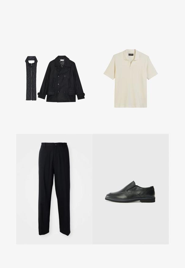 Zwarte wollen peacoat met dubbele knopen en grote kraag, gecombineerd met een mouwloze zwarte gewatteerde vest met ritssluiting.; Crèmekleurig polo shirt met korte mouwen, een textuur met ribstructuur en een klassieke kraag. Het shirt heeft een smalle knoopsluiting en een gestikte zoom.; Zwarte rechte broek met riemlussen, knoopsluiting en een strakke, minimalistische uitstraling op een neutrale achtergrond.; Zwarte leren instapper met een soepele bovenkant, gestikte accenten, ronde neus en een lage rubberen hak. De zool heeft minimale profiel.