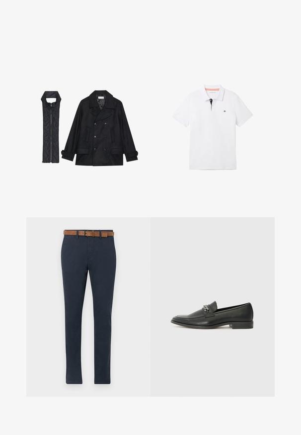 Juodas vilnonis pikoatė su dvigubais mygtukais ir dideliu apykakle, derinamas su juodu be rankovių pūkine liemene su užtrauktuku.; Balta polo marškinėliai su juodu apykakle ir oranžinėmis detalėmis, trumpomis rankovėmis ir maža logotipu ant krūtinės. Pagaminti iš kvėpuojančios medvilnės mišinio.; Tamsiai mėlynos medvilninės chinos kelnės su lygia tekstūra. Priedo rudos zomšinės diržo su sagtimi ir tiesaus kirpimo dizainu.; Juodos odinės loafer tipo bateliai su lygiu paviršiumi, turintys siuvinėtą dizainą ir dekoratyvų metalo grandinėlės akcentą ant batų viršaus. Plokščias kulnas.