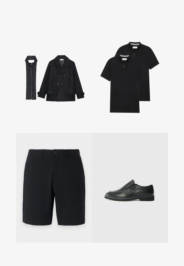 Casaco de lã preto com botões duplos e gola grande, combinado com um colete acolchoado preto sem mangas com fecho de correr.; Duas camisetas polo pretas, de manga curta, em material de algodão, com colarinho clássico, abertura com dois botões e detalhes em riscas brancas no interior do colarinho.; Calções pretos com um tecido texturado, fecho com botão, passantes para cinto e bolsos laterais; ajuste sob medida com bainhas costuradas e lisas.; Sapato slip-on preto em pele com um upper liso, acabamentos cosidos, bico arredondado e um salto de borracha baixo. A sola apresenta um padrão de aderência mínimo.