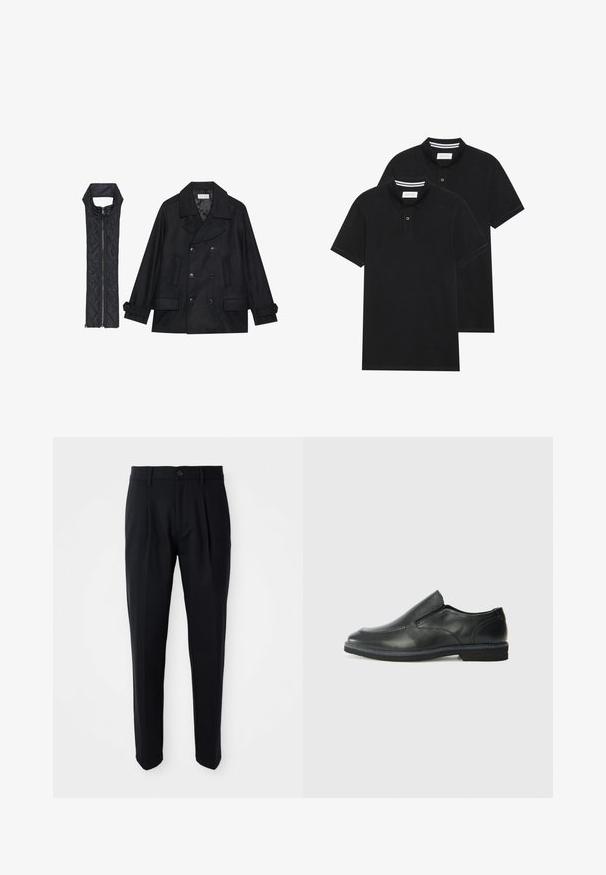 Cappotto di panno nero con bottoni doppi e colletto ampio, abbinato a un gilet senza maniche in tessuto trapuntato nero con chiusura a zip.; Due magliette polo nere, con maniche corte, in cotone, con colletto classico, pattina a due bottoni e dettagli a righe bianche all'interno del colletto.; Pantaloni neri su misura con pince frontali, chiusura con bottone e passanti per cintura, esposti su uno sfondo bianco.; Scarpa nera in pelle con inserto scivolare, superiore liscio, dettagli cuciti, punta arrotondata e tacco in gomma basso. La suola presenta un battistrada minimale.