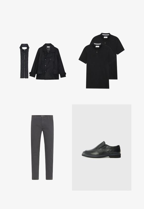 Manteau en laine noir à double boutonnage et grand col, associé à un gilet matelassé sans manches noir avec fermeture éclair.; Deux polos noirs, à manches courtes, en coton, avec un col classique, une patte de boutonnage à deux boutons, et des accents rayés blancs à l'intérieur du col.; Pantalons gris, ajustés, fabriqués en coton doux. Dotés d'une fermeture à bouton, de passants de ceinture et d'un design épuré et contemporain. Sans motifs visibles.; Chaussure slip-on en cuir noir avec une tige lisse, des accents cousus, un bout arrondi et un petit talon en caoutchouc. La semelle présente un profil de traction minimal.