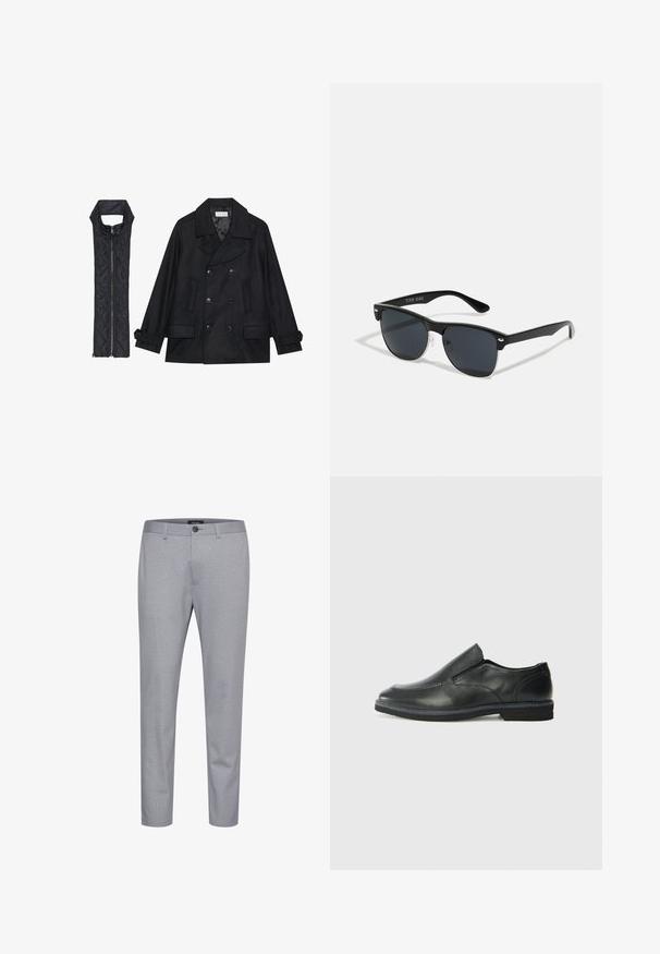 Czarna wełniana peacoat z podwójnymi guzikami i dużym kołnierzem, zestawiona z bezrękawnym czarnym pikowanym kamizelką z zamkiem błyskawicznym.; Dwie czarne koszulki polo z krótkim rękawem, wykonane z materiału bawełnianego, z klasycznym kołnierzykiem, z zapięciem na dwa guziki oraz białymi paskami wewnątrz kołnierza.; Szare spodnie w wzory wykonane z tkaniny o gładkiej teksturze. Zawierają zapięcie na guzik oraz zwężany krój nogawki.; Czarne skórzane buty wsuwane z gładką cholewką, przeszyciami, okrągłym noskiem i niskim gumowym obcasem. Podeszwa ma minimalny bieżnik.; Czarne okulary przeciwsłoneczne o prostokątnym kształcie, ciemnych soczewkach, srebrnych akcentach na zausznikach oraz matowym wykończeniu oprawki.; Biała perłowa naszyjnik o jednolitym, okrągłym kształcie, gładkiej powierzchni oraz metalowym zapięciu z przedłużanym łańcuszkiem dla regulowanej długości.